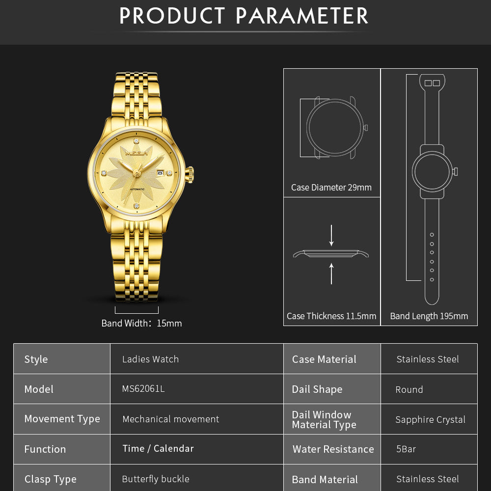 MEGIR Golden Lotus Automatic Watch for Women | Aurevyn
