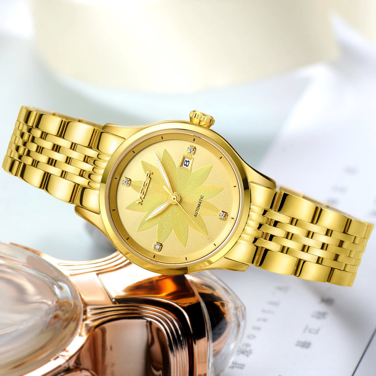 MEGIR Golden Lotus Automatic Watch for Women | Aurevyn